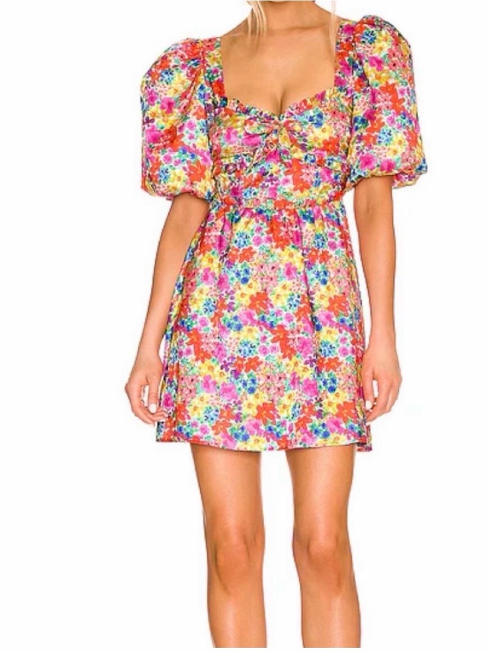 For Love & Lemons Multi Floral Puff-Sleeve Mini Dress
